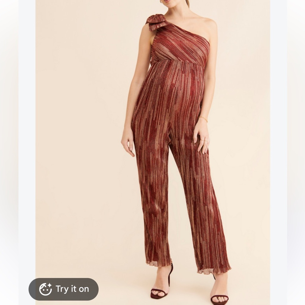 Saylor One-Shoulder bow wine Metallic Jumpsuit women size Small NWOT